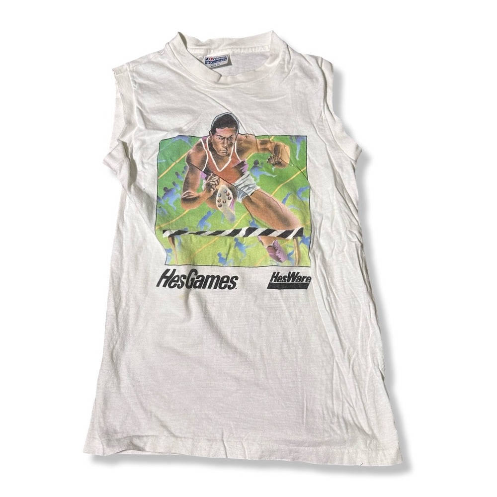 Hanes Muscle Tee Mens M White Excellent Vintage 80s HesGames HesWare Graphic